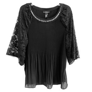 ALFANI | pleated lace sleeve beaded neckline blouse